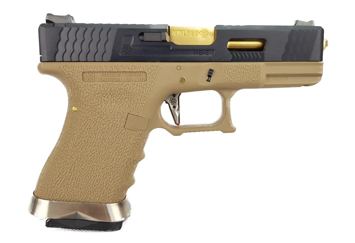WE Force G19 GBB Tan (Black Slide and Gold Barrel) - Image 3